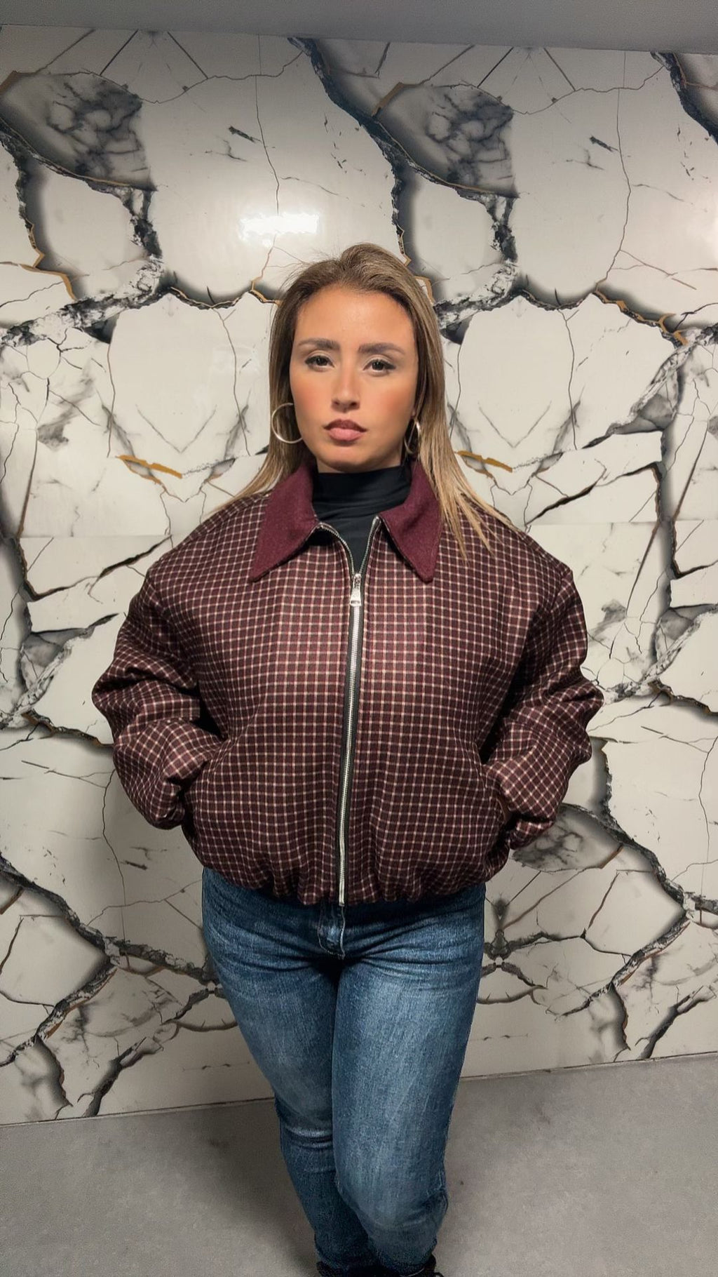 Giacca Bomber Check Bordeaux e Blu