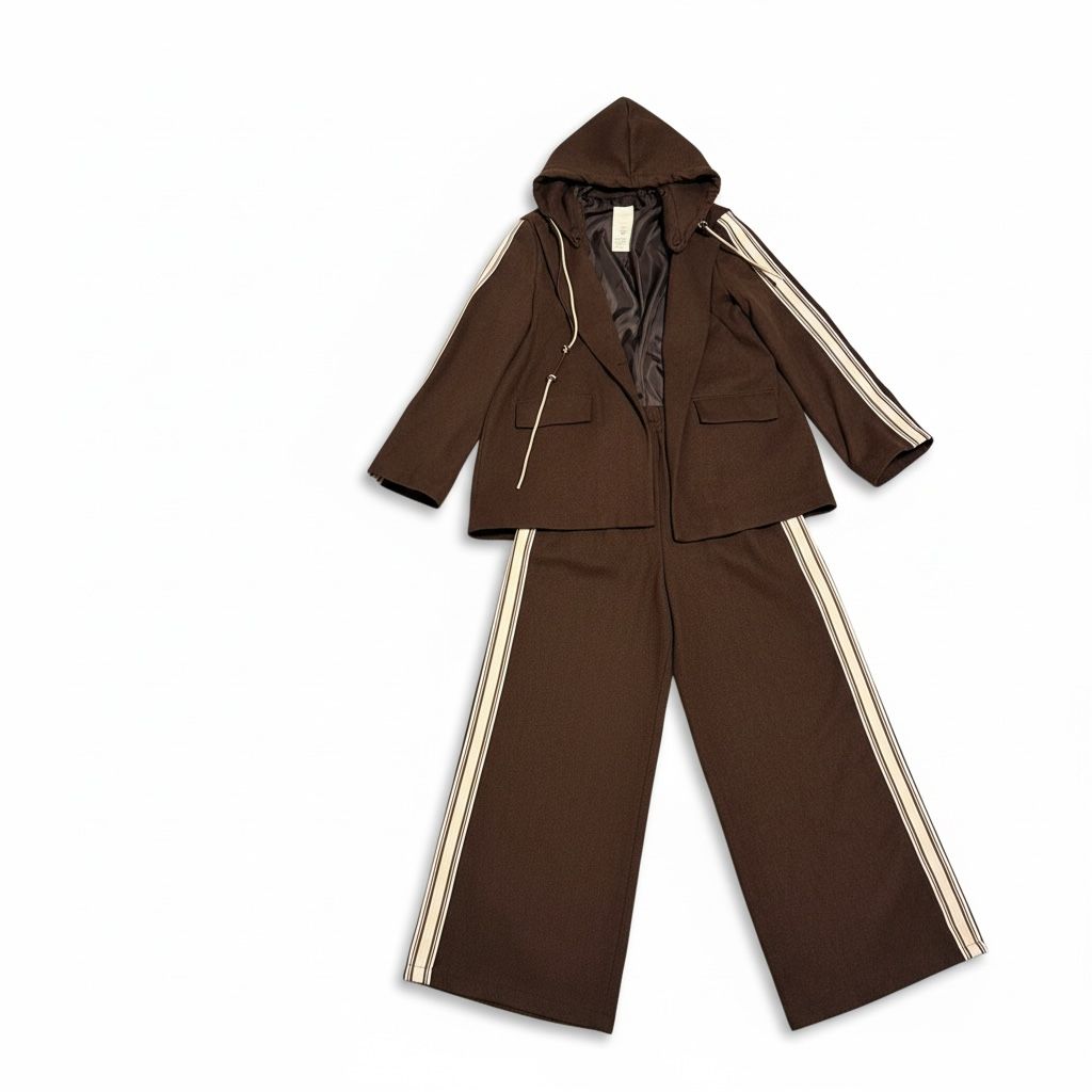 Completo Donna Marrone con Cappuccio – Giacca Sartoriale & Pantaloni a Banda Laterale