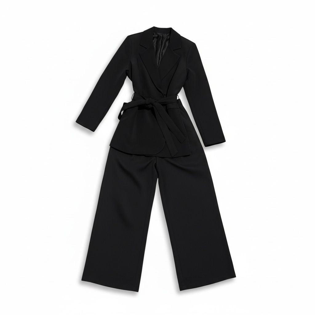Completo donna nero elegante con blazer cintura e pantaloni palazzo