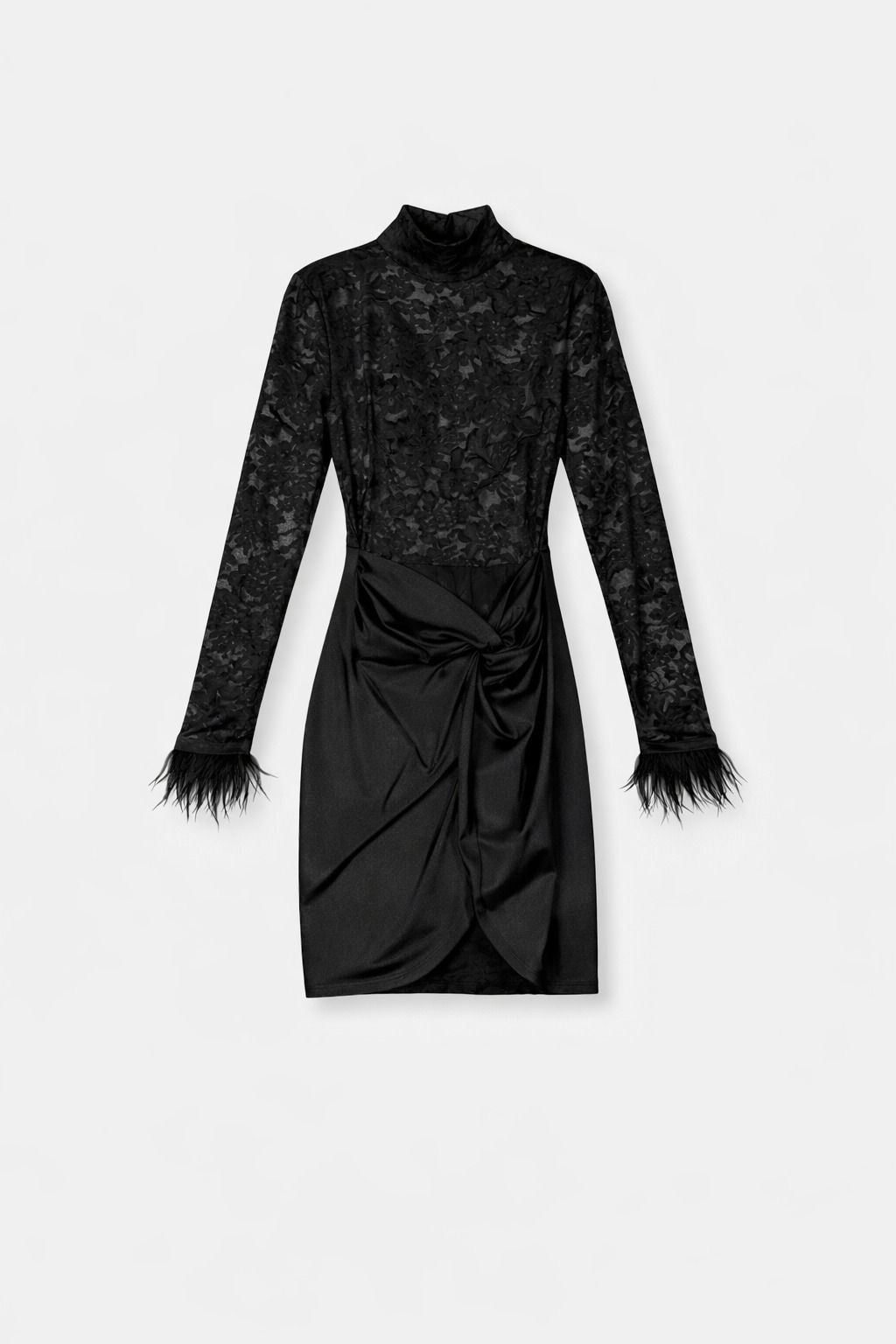 Abito donna  in pizzo con drappeggio e dettagli piuma