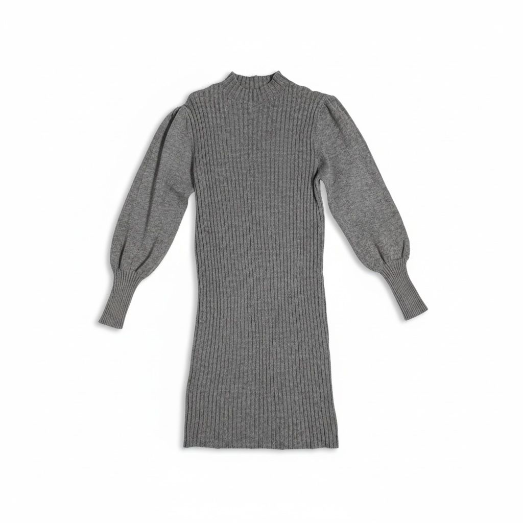 Abito Donna Midi in Maglia a Coste con Collo Alto e Maniche a Palloncino