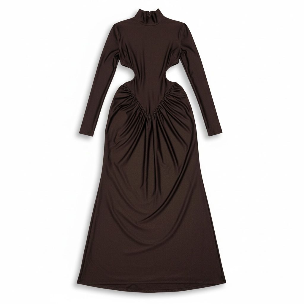 Abito Donna Lungo con Collo Alto, Cut-Out in Vita e Drappeggio Scultoreo