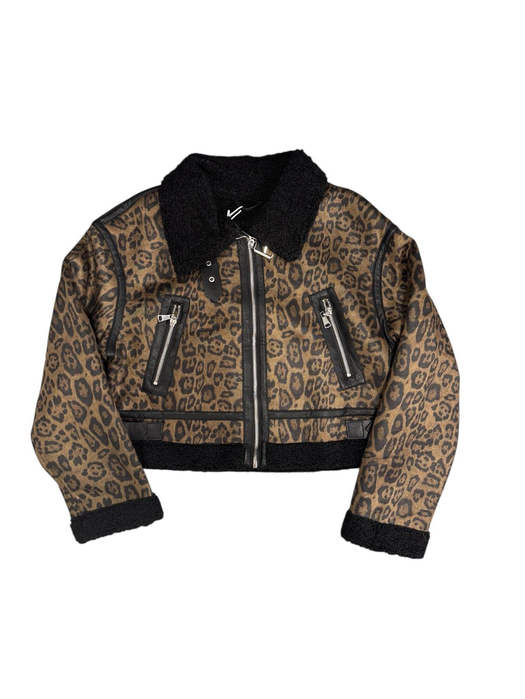 Giacca Donna Corta Leopardata con Collo in Teddy e Zip Frontale