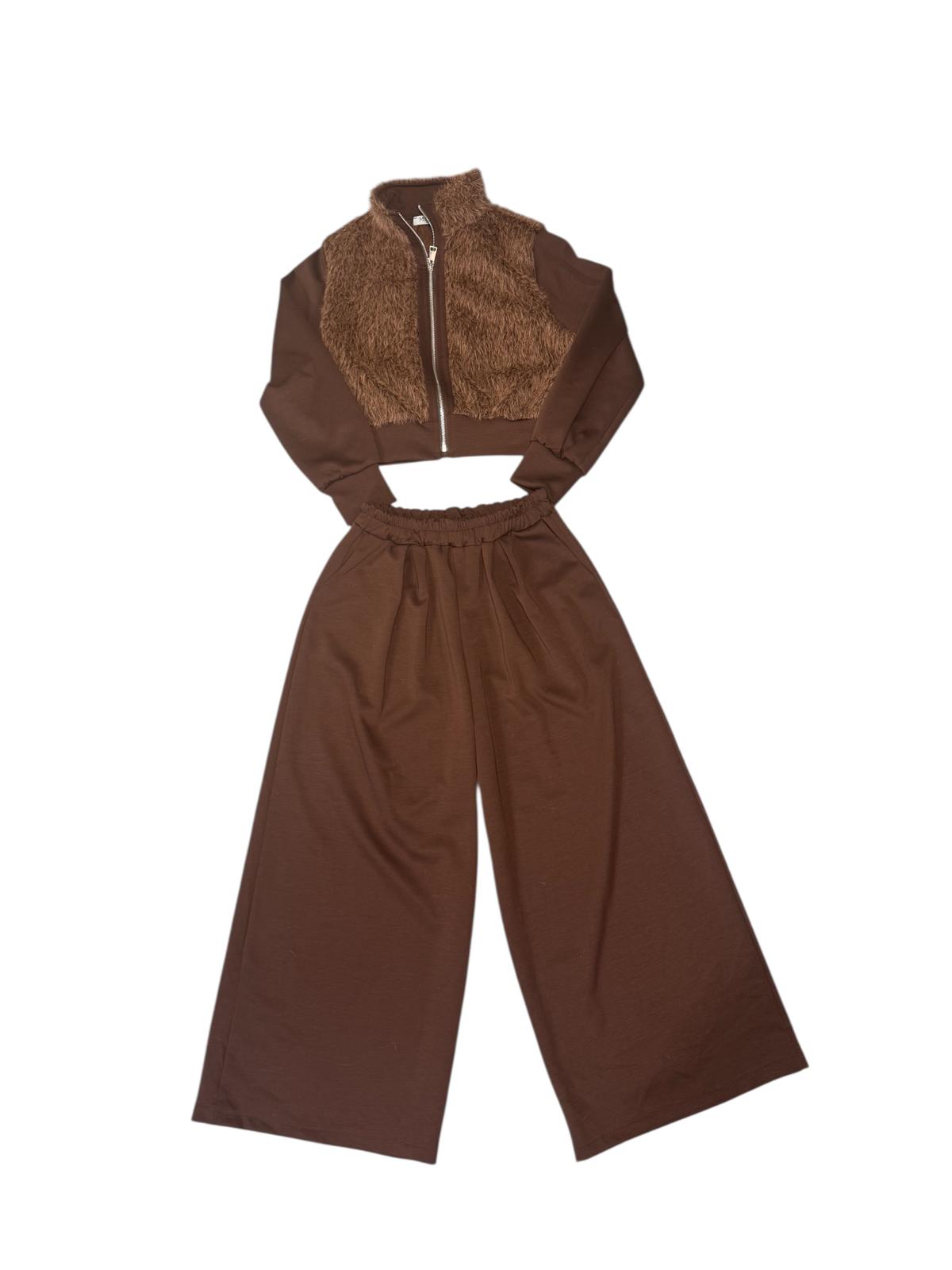 🤎 Completo Donna  – Crop Jacket con Dettaglio Teddy & Pantalone Wide 🤎