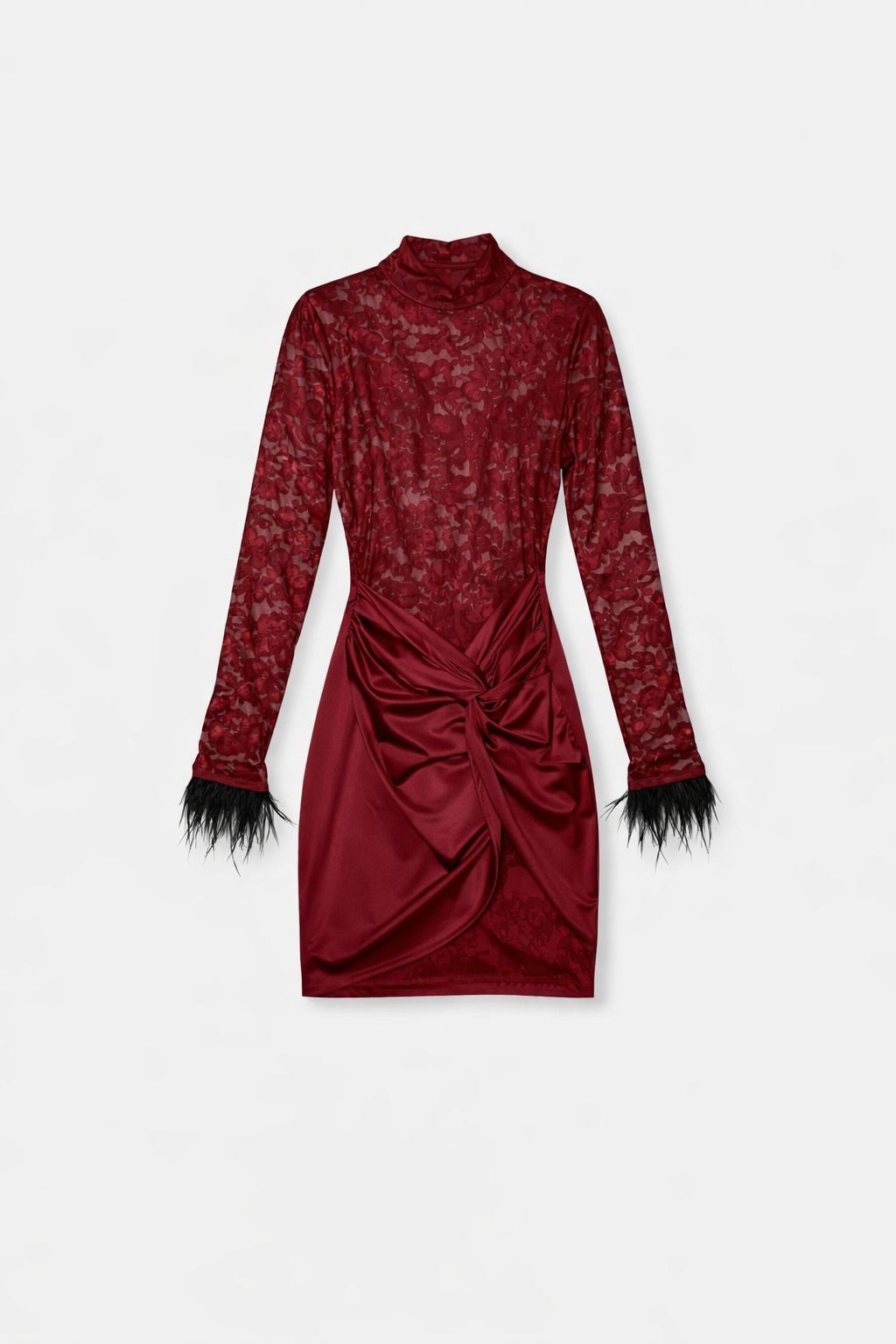 Abito donna  in pizzo con drappeggio e dettagli piuma