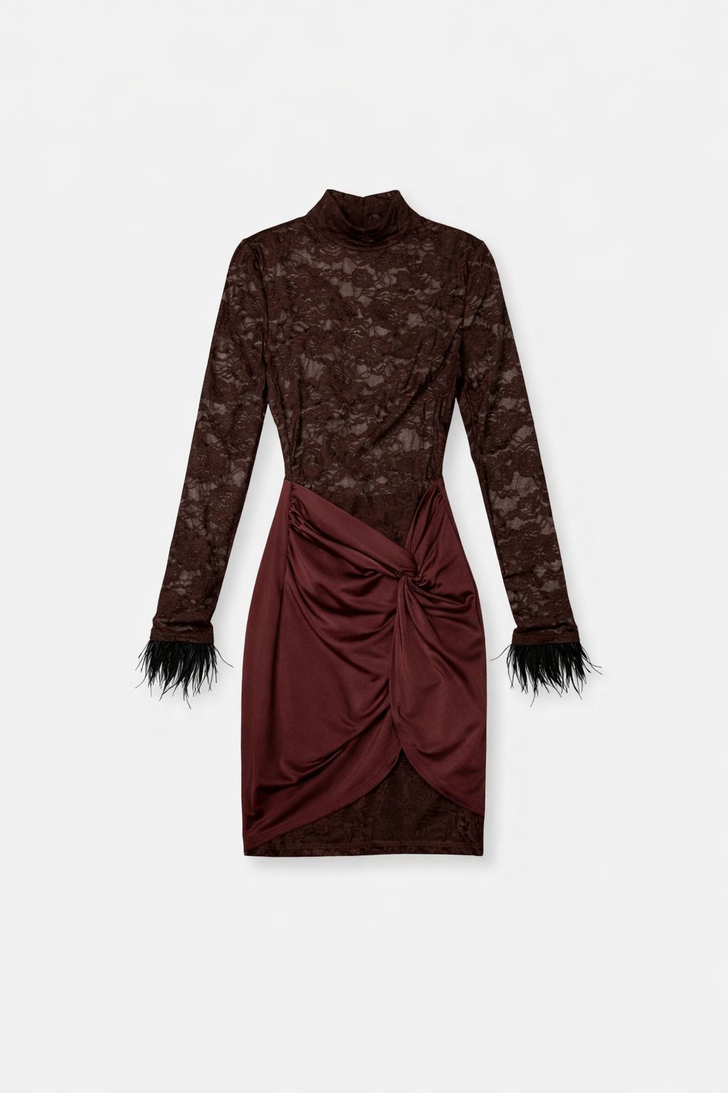 Abito donna  in pizzo con drappeggio e dettagli piuma