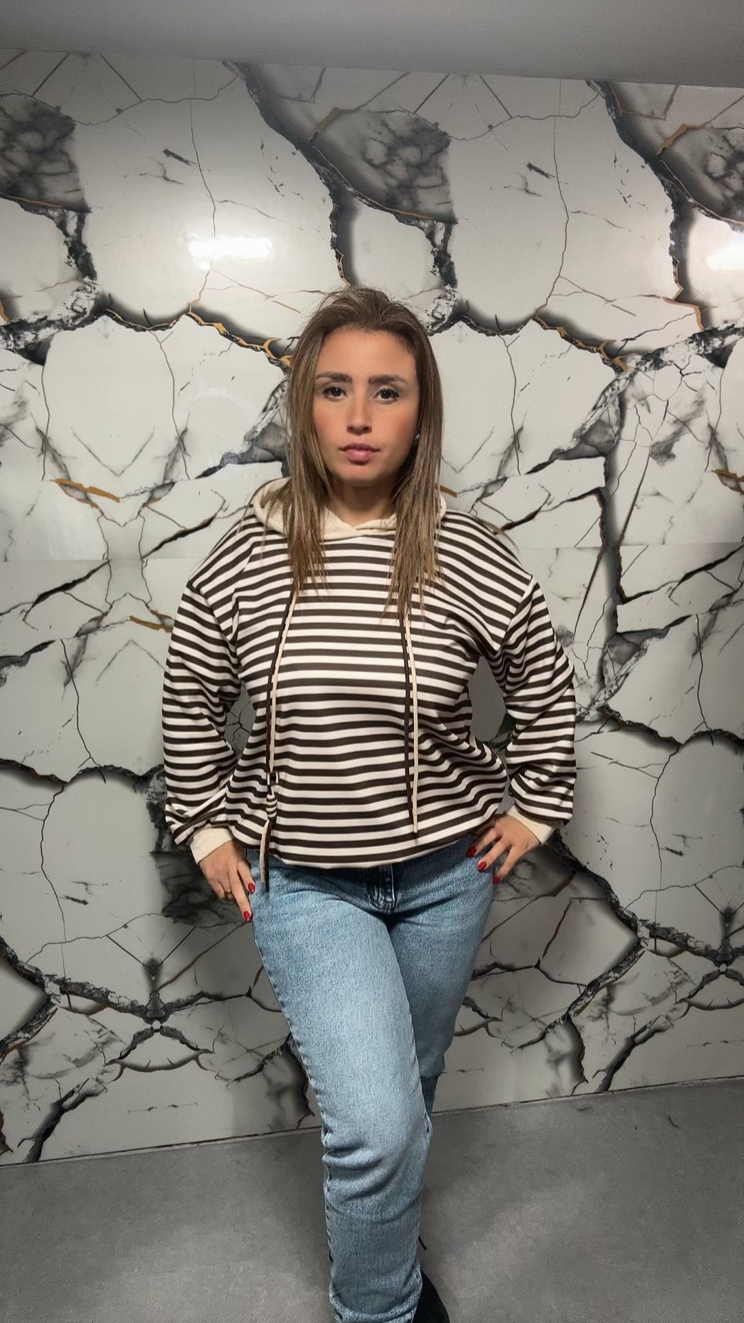 Felpa donna a righe con cappuccio