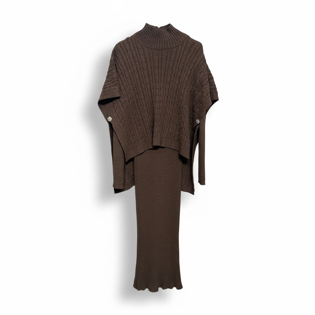 Abito Donna in Maglia con Collo Alto e Mantella Intrecciata Elegante