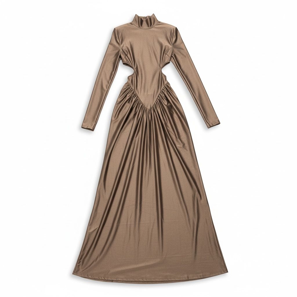 Abito Donna Lungo con Collo Alto, Cut-Out in Vita e Drappeggio Scultoreo