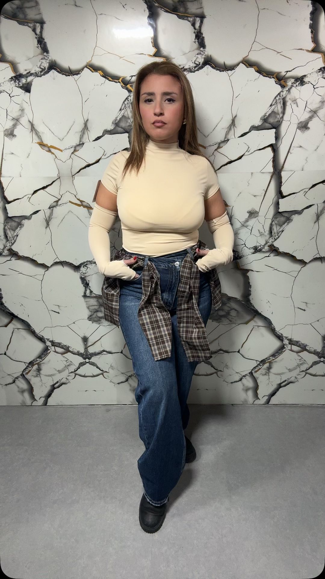 Jeans Donna Wide Leg con Dettaglio foulard a Quadri e Fiocco in Vita