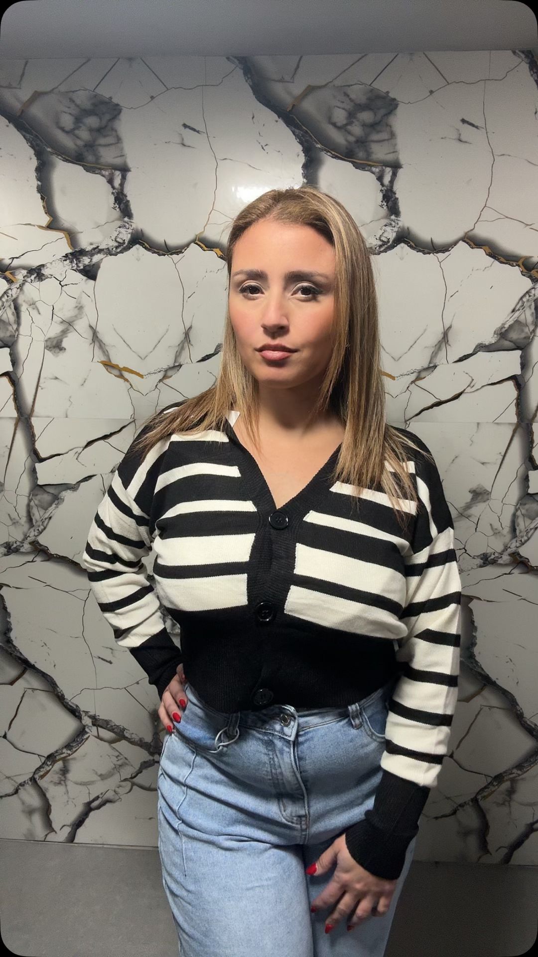 Cardigan Corto Donna a Righe con Bottoni