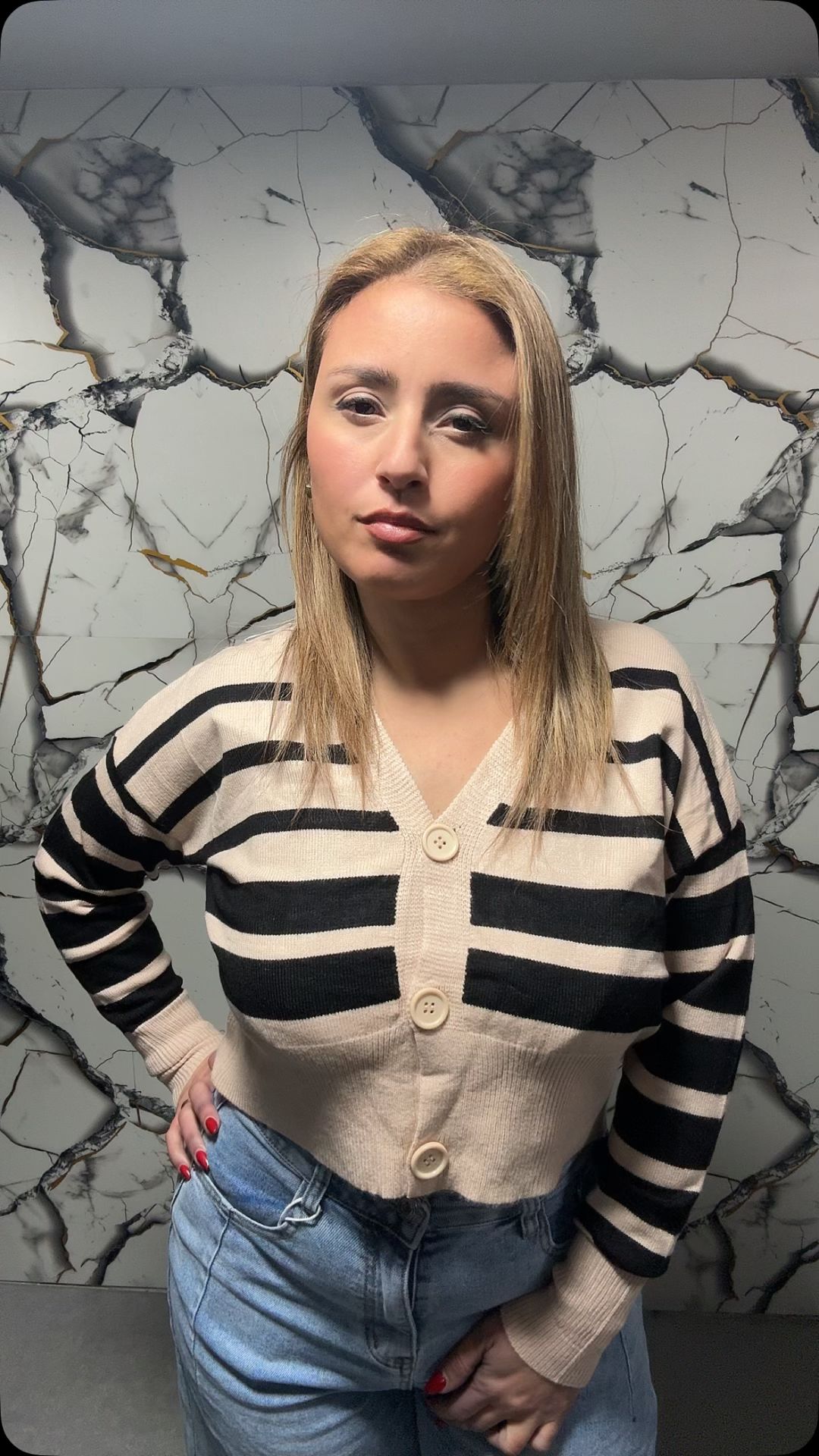 Cardigan Corto Donna a Righe con Bottoni