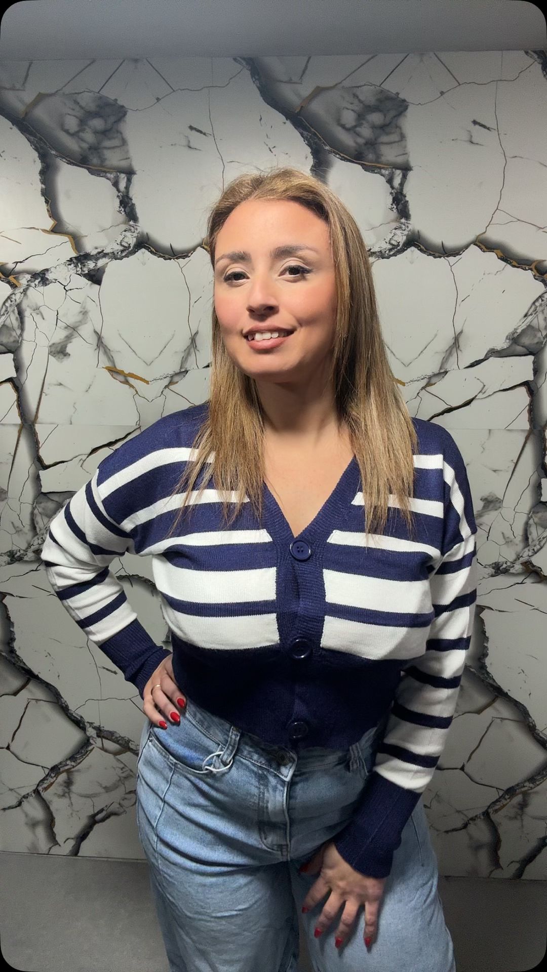 Cardigan Corto Donna a Righe con Bottoni