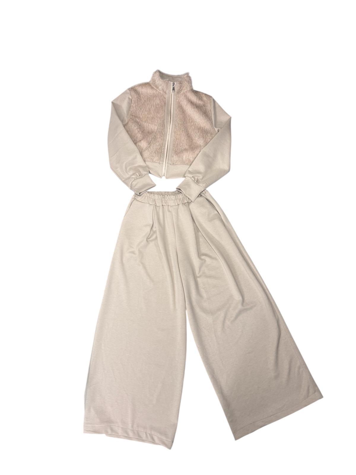 🤎 Completo Donna  – Crop Jacket con Dettaglio Teddy & Pantalone Wide 🤎