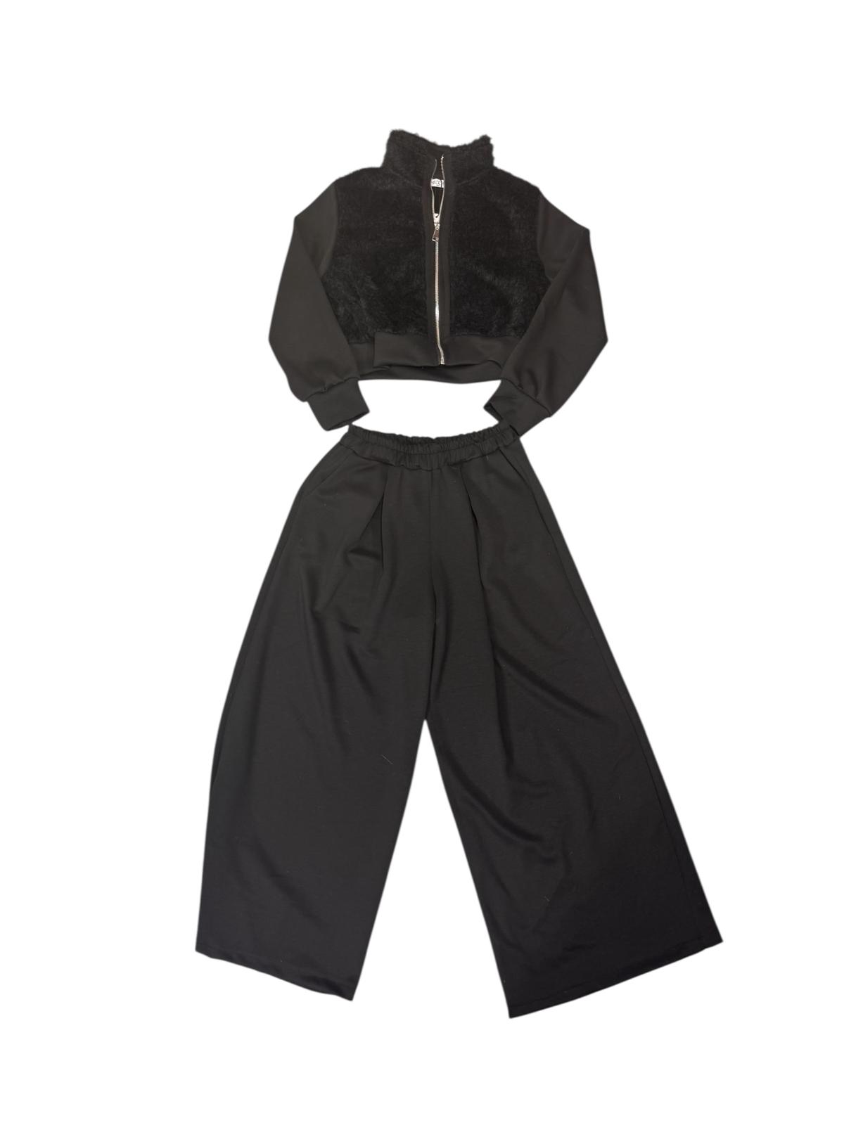 🤎 Completo Donna  – Crop Jacket con Dettaglio Teddy & Pantalone Wide 🤎