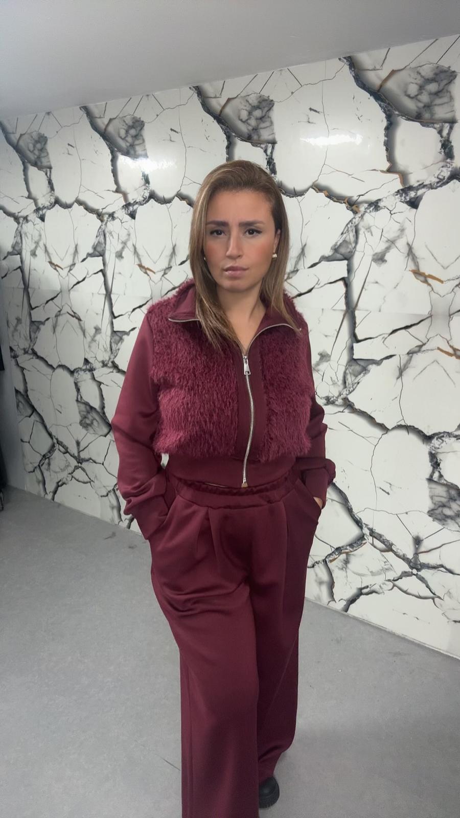 🤎 Completo Donna  – Crop Jacket con Dettaglio Teddy & Pantalone Wide 🤎