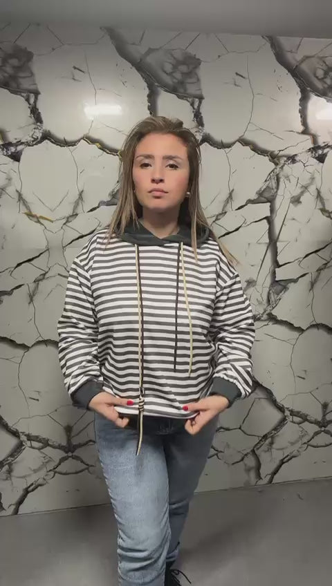 Felpa donna a righe con cappuccio